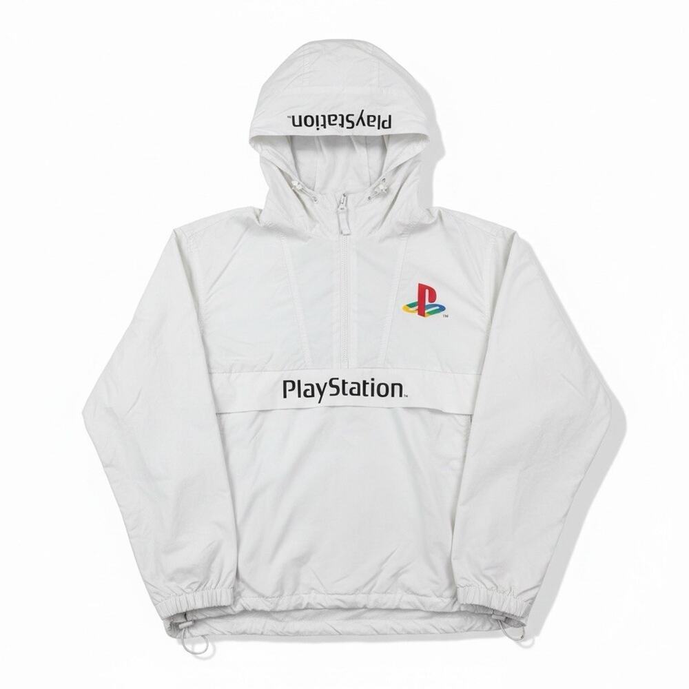 H&M Divided PlayStation Windbreaker Jacket Mens M White Half Zip Hooded Anorak